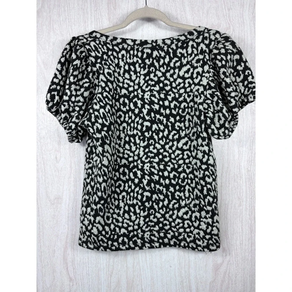 Free People Leopard Top‎ Women's L Black White Puff Sleeve Square Neck Boho Chic